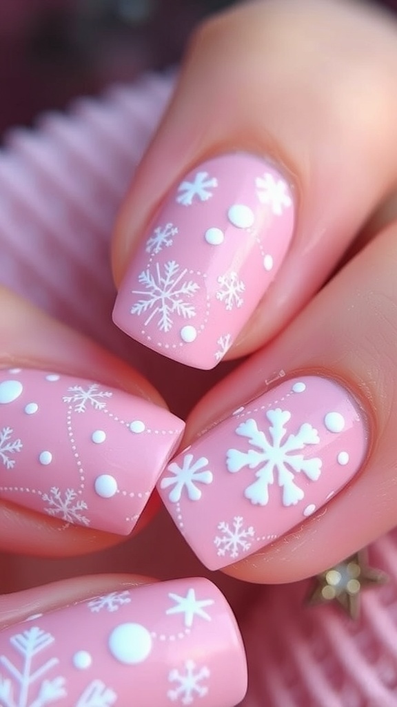Pink and White Christmas Nail Art Design Close-up of pink and white Christmas nail art with snowflakes and stripes.